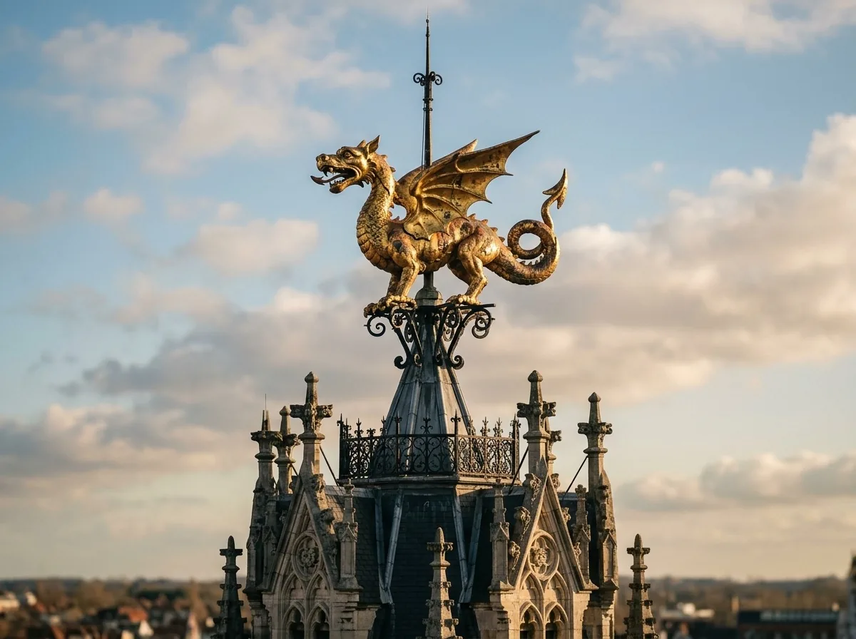 The top of the Belfry of Ghent with the golden dragon and open air deck
