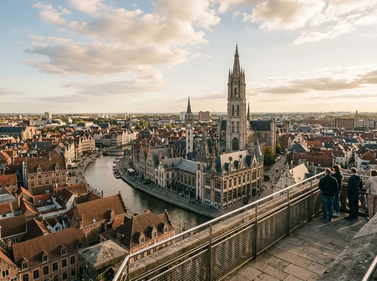 Wide panoramic view across Ghent&rsquo;s medieval city from the Belfry vantage point