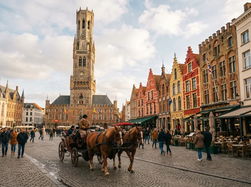 Medieval bell tower and canal in Bruges, Belgium