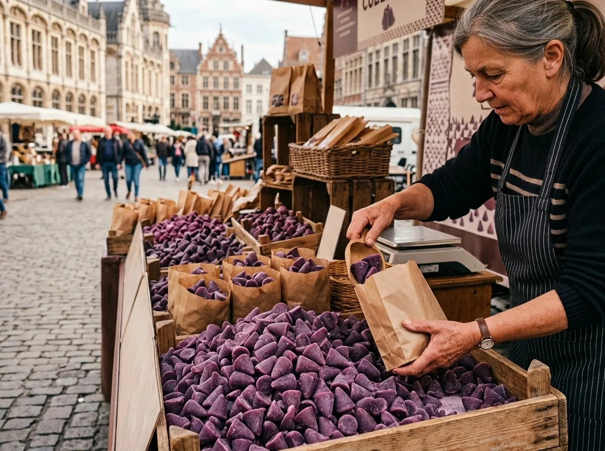 Purple cuberdon cone sweets on a market stall