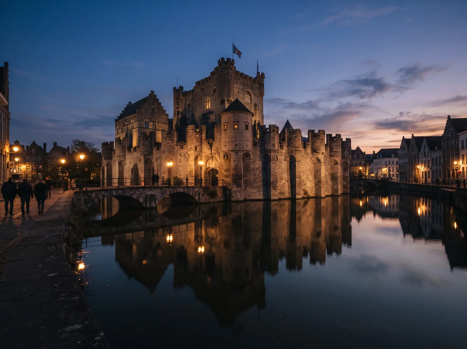Gravensteen castle moat and outer walls viewed from below
