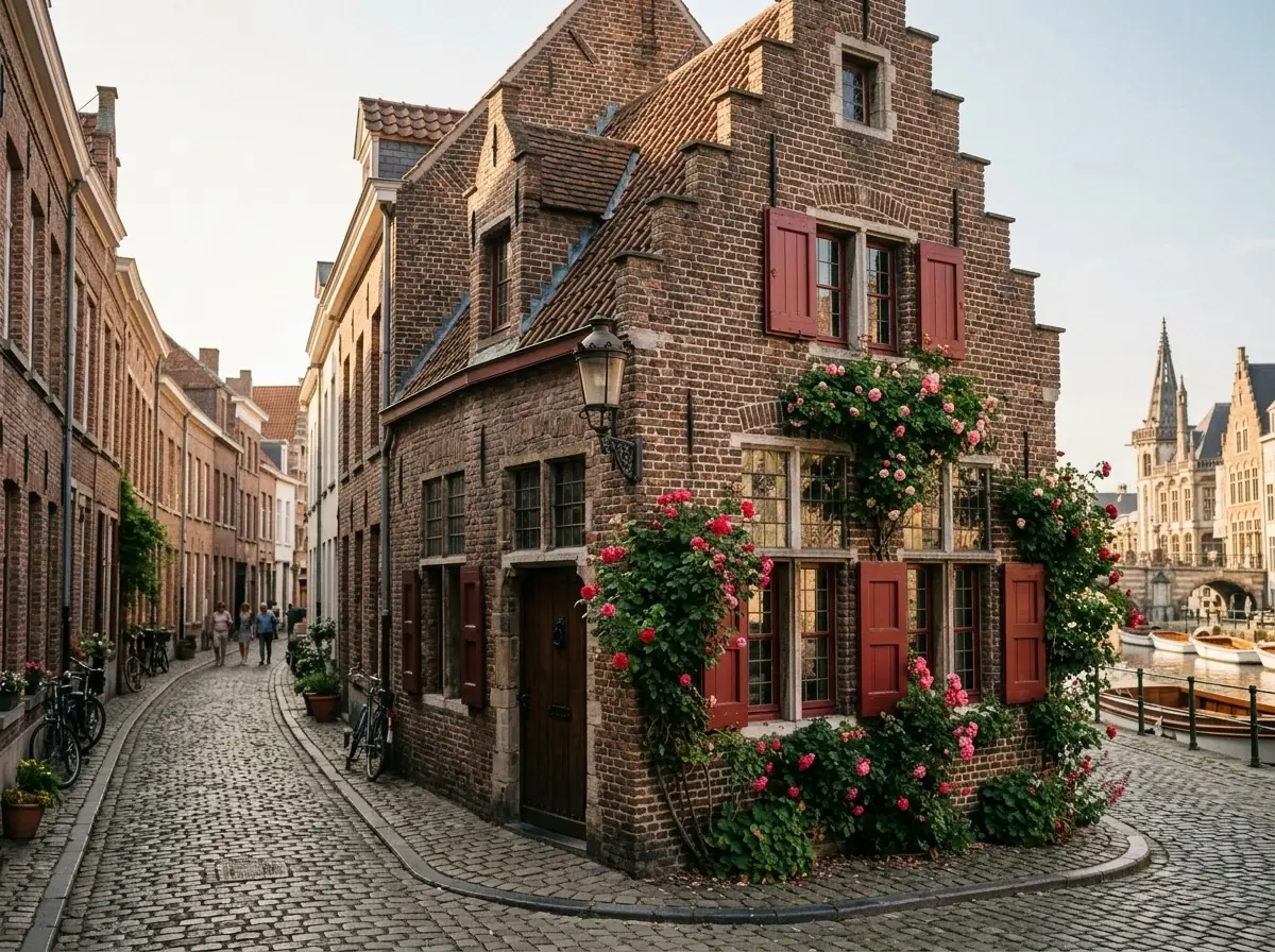 A medieval townhouse facade in Patershol with wooden shutters and ivy