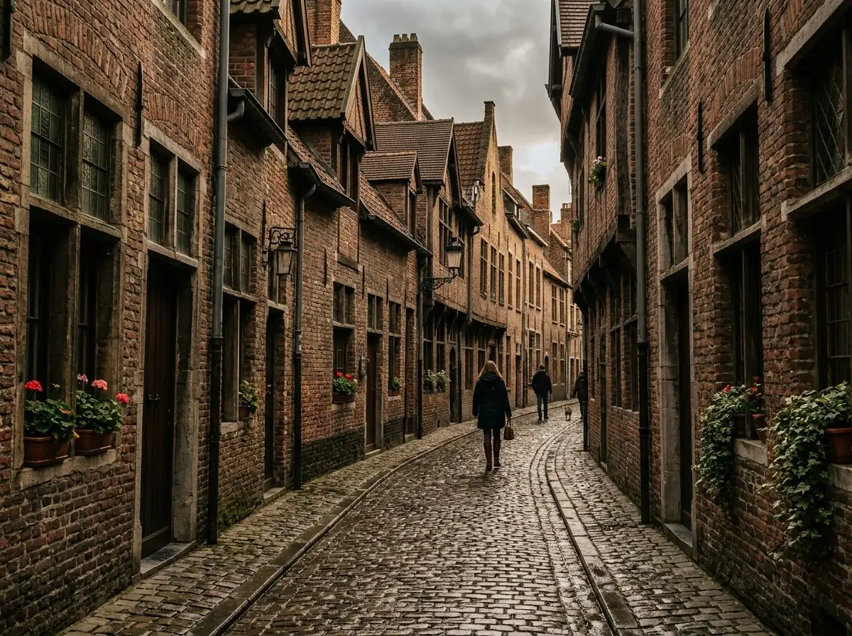 A narrow cobblestone lane lined with 16th-century townhouses and ivy, Patershol neighbourhood
