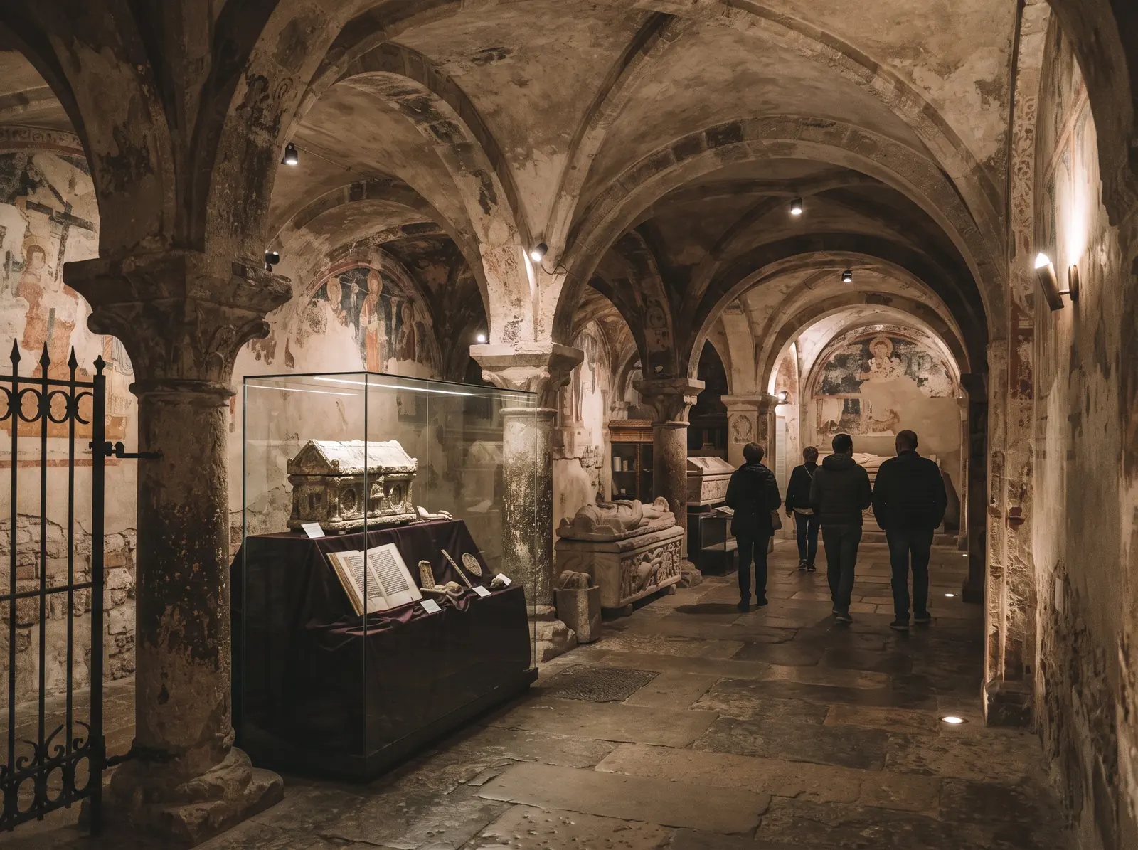 St Bavo's Cathedral crypt with stone arches and sacred reliquaries