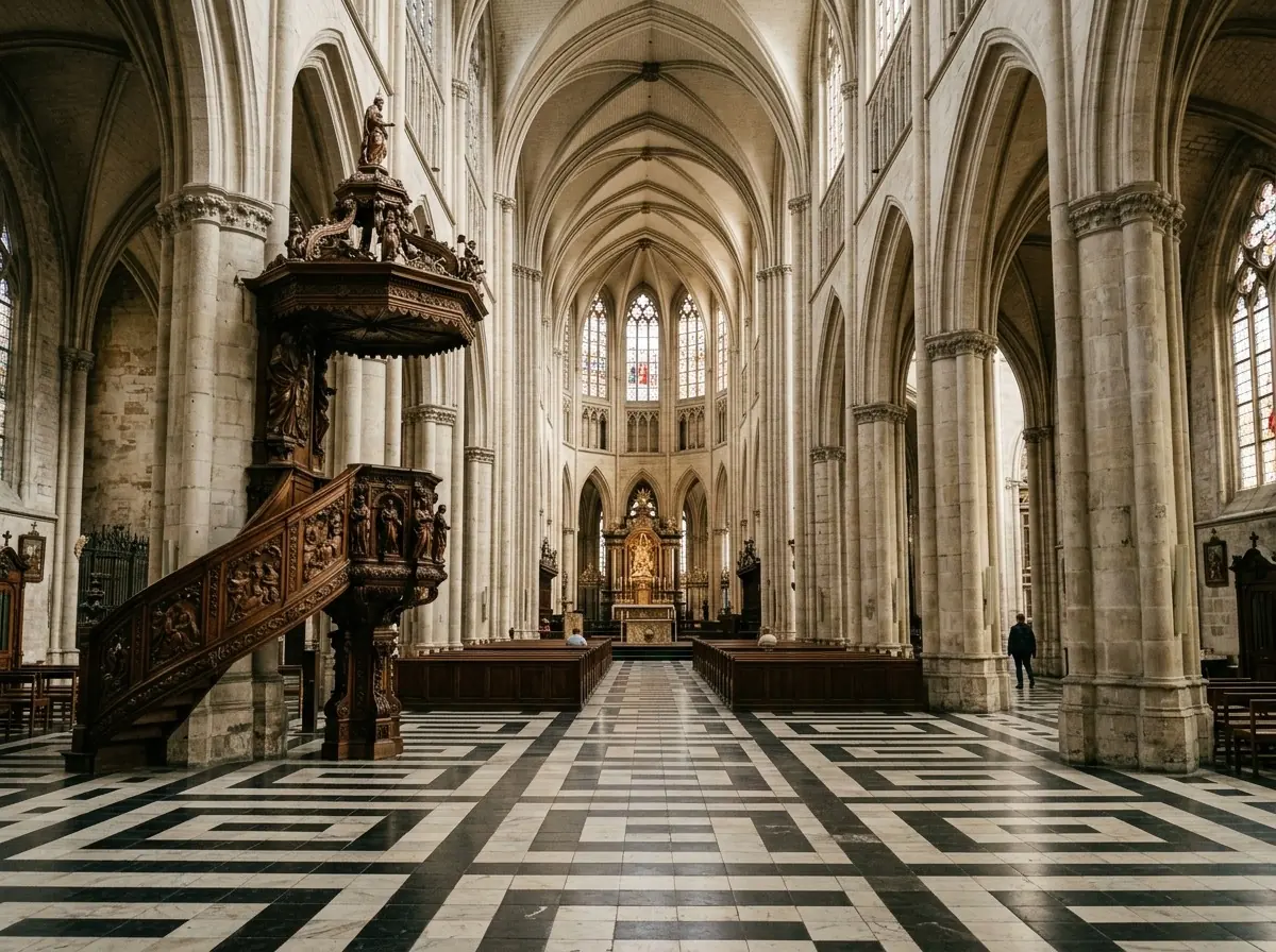 St Bavo's Cathedral nave with soaring Gothic columns and vaulted ceiling